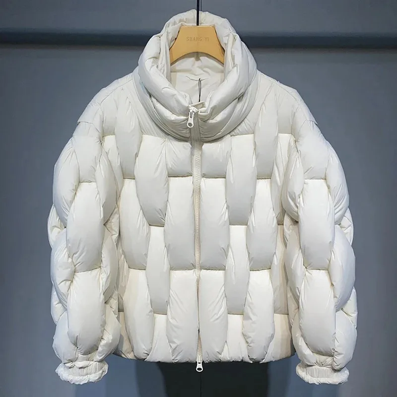 Warm Coat Man Black Loose Puffer Bubble Jacket Winter Parkas Padded Jacket Men Fashion Luxury Designer Square Weave High Collar