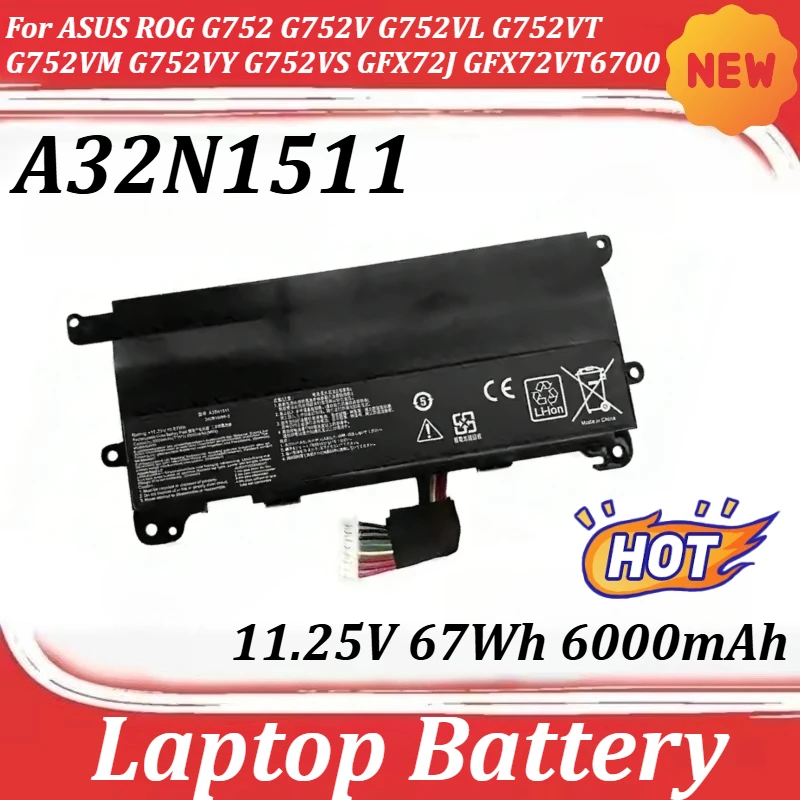 Laptop Battery A32N1511 11.25V 67Wh 6000mAh For ASUS ROG G752 G752V G752VL G752VT G752VM G752VY G752VS GFX72J GFX72VT6700