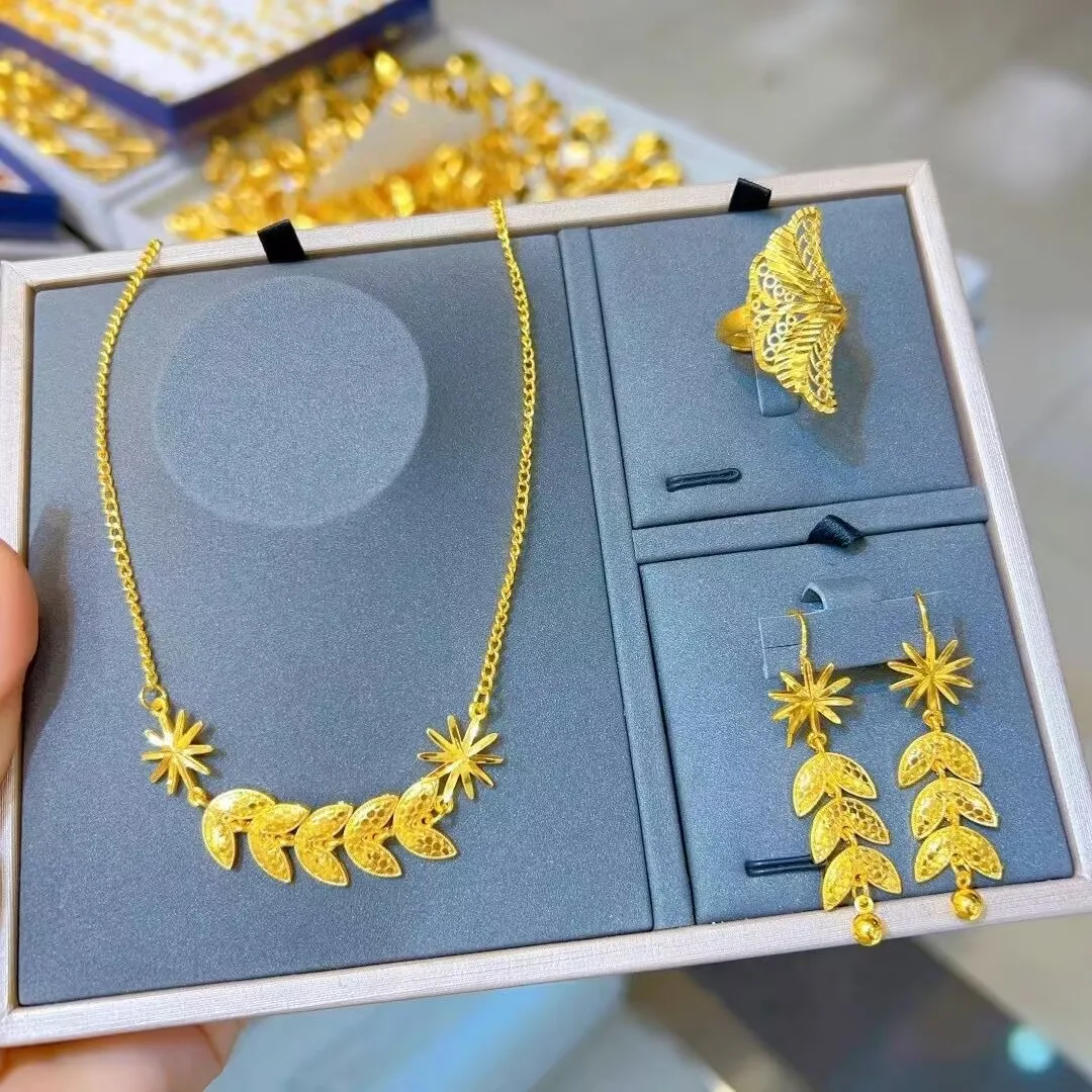 

UK France Dubai 24K Gold Plated Necklace Earrings Ring Gift Jewelry Set for Women at Wedding Parties YY10660