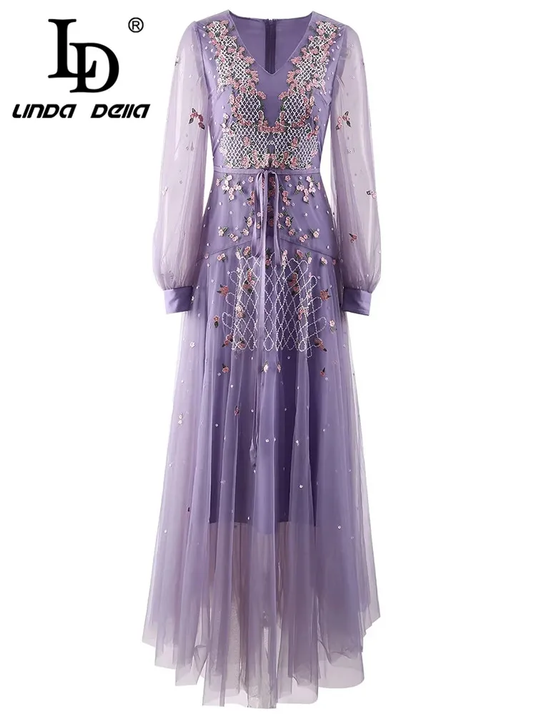 

LD LINDA DELLA Summer Runway Designer Birthday Dress For Women's Purple Embossed hollow Splice Transparent Lace Long Dress