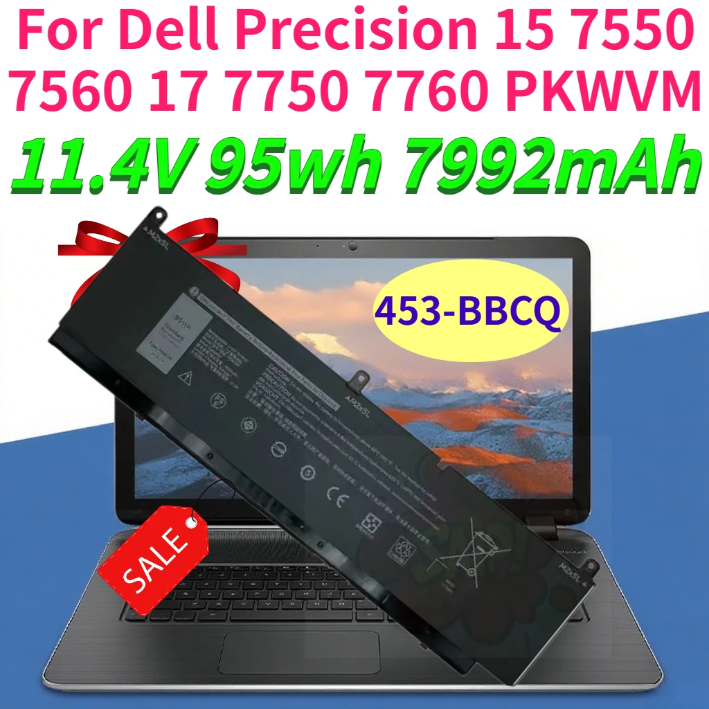 453-BBCQ 7992mAh Laptop Batteries for Dell Precision 15 7550 7560 17 7750 7760 PKWVM 95wh11.4V Replacement Li-lon Battery