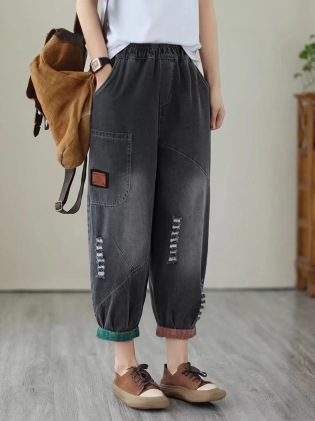 

Loose Women's Harem Jeans High Waist Cotton Stretch Denim Bootcut Trousers for Midlife Mothers Autumn Winter New Sle