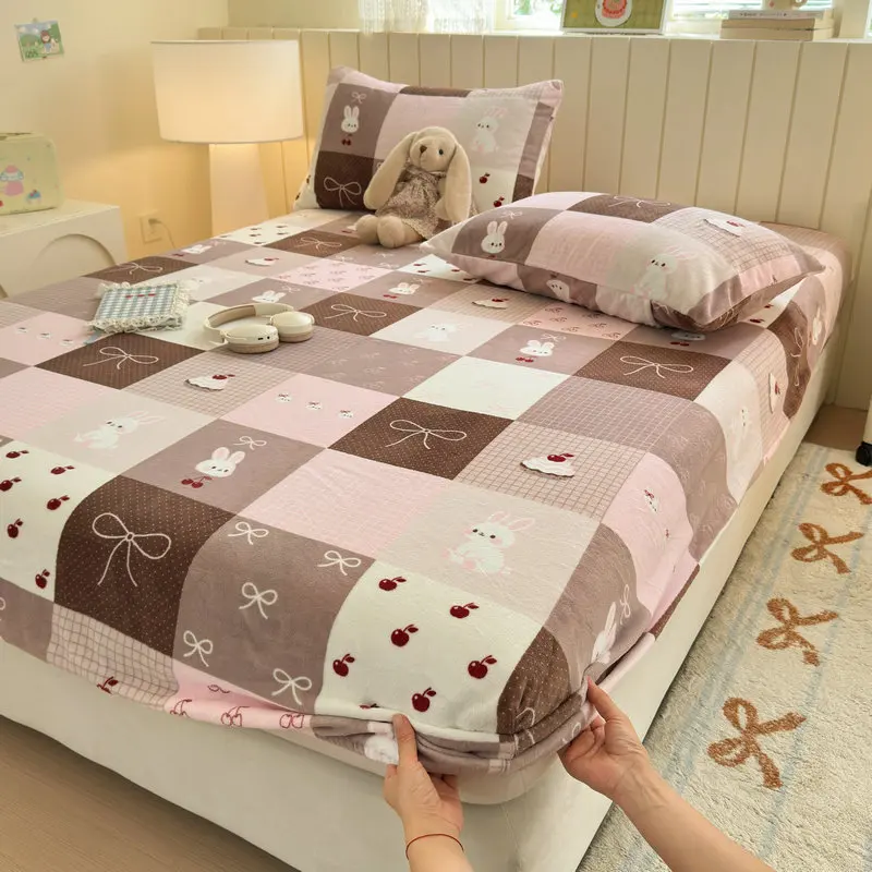 Flannel Fleece Bed Sheets for Winter Cartoon Style Fitted Bed Sheet on Elastic Single/Queen/King Size Warm Bedsheet 침대패드