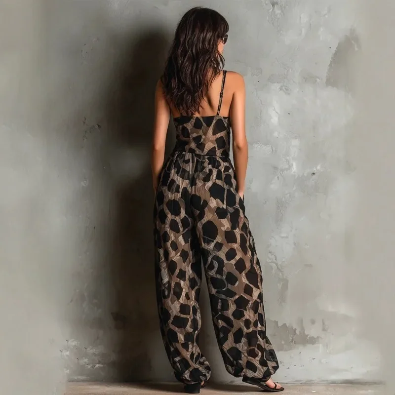 Retro Leopard Print Deep V Neck Twist Strap Jumpsuit Loose Wide Leg Women Summer Beach Romper
