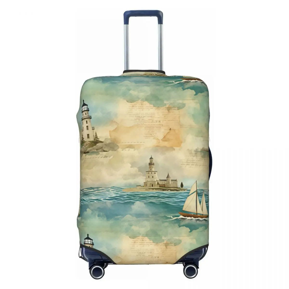 Vintage Watercolor Nautical Lighthouse Sailboat Pattern Luggage Cover Elastic Travel Suitcase Protective Covers Fits 18-32 Inch
