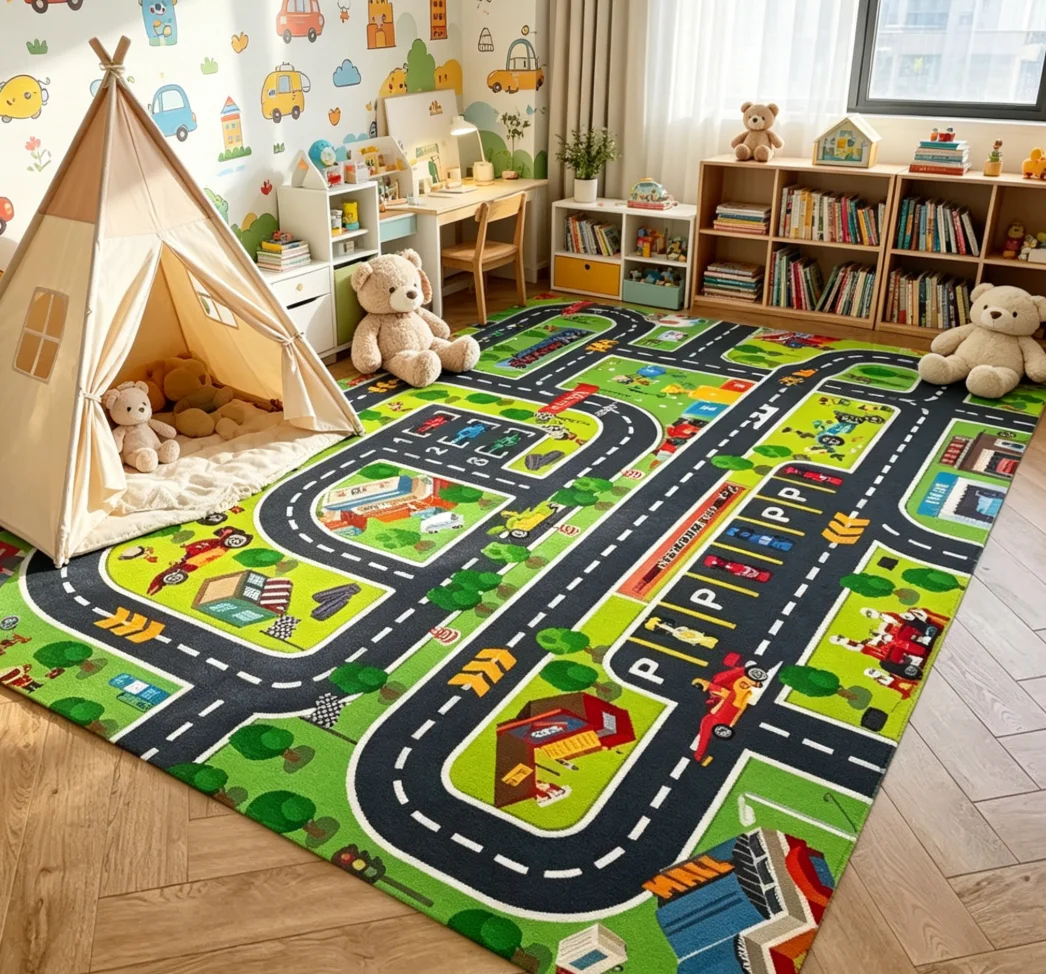 Car Play Mat for Boys and Girls Highway City Traffic-Themed RugsRugs for Playroom Non-Slip Kids Play Rug  for Kids Toy Cars Kids