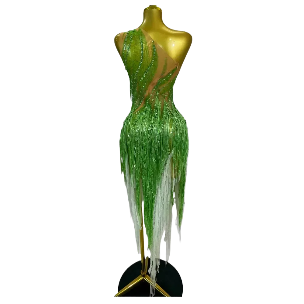 Luxury Sexy One Shoulder Green Fringe Dress Elegant Rhinestone Tassel Latin Dance Gown Wedding Guest Birthday Party Club Wear