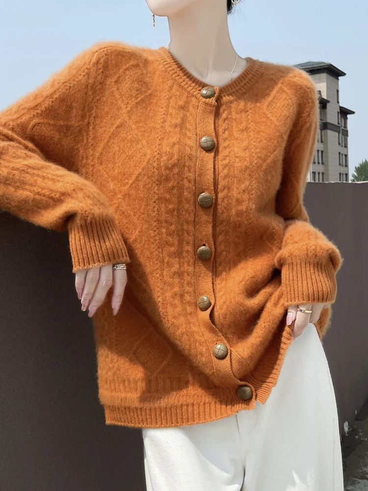 

Autumn Winter Women Cable Knit Cardigan Thick Vintage Style Cashmere Sweater 100% Merino Wool Knitwear Korean Fashion Clothing