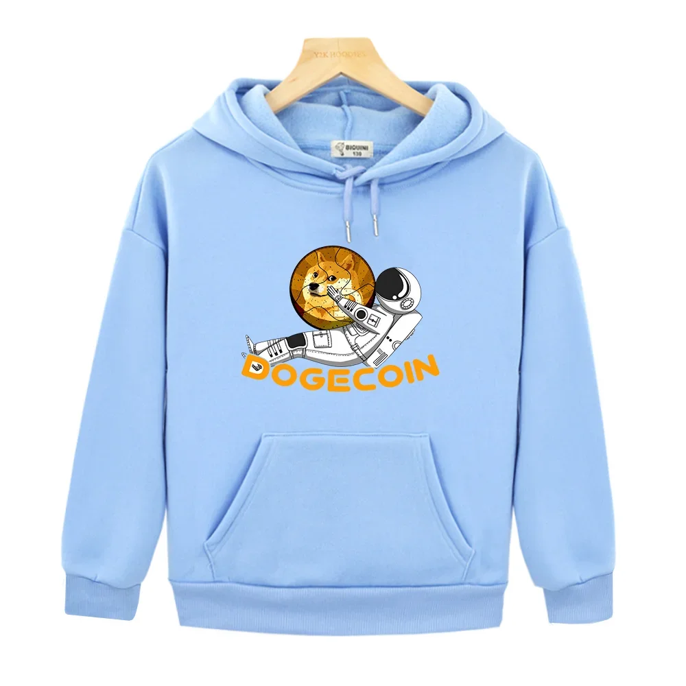 Dogecoin Astronaut Dog Hoodies Long Sleeve Casual Children Sweatshirts with Pocket Autumn/Winter Funny Cartoon Pullovers Kids