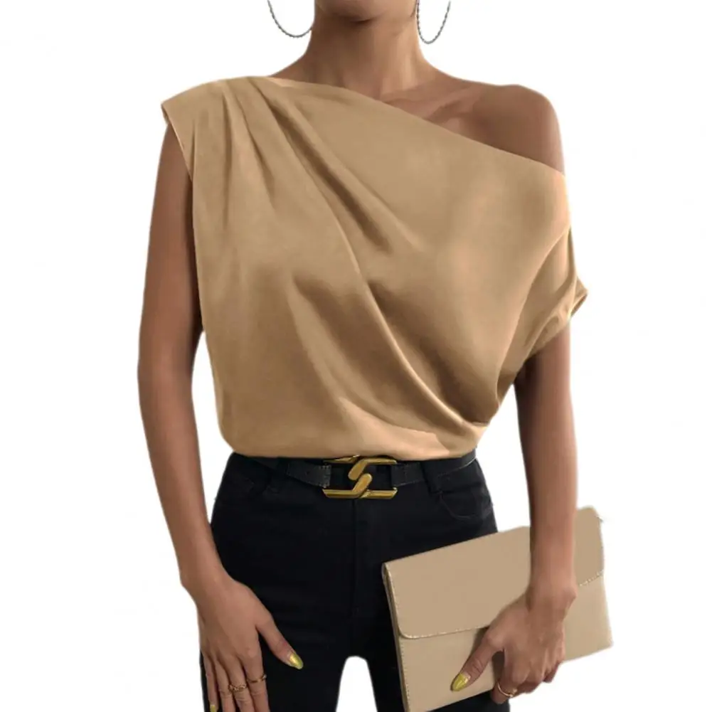 Women Shirt Irregular Off-Shoulder Boat Collar Top Sleeveless Simulated Silk Blouse Smooth Satin Dating Tops