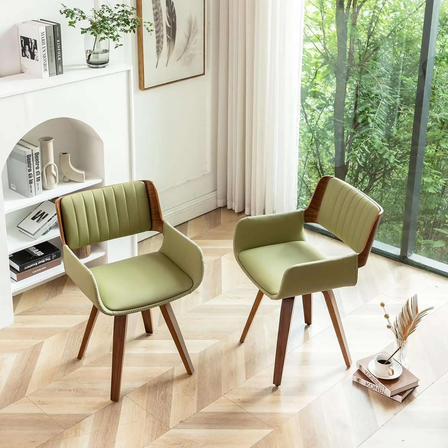 طقم كراسي طعام دوارة مكونة من قطعتين، جلد صناعي بيج، أرجل خشبية، أقدام قابلة للتعديل #1