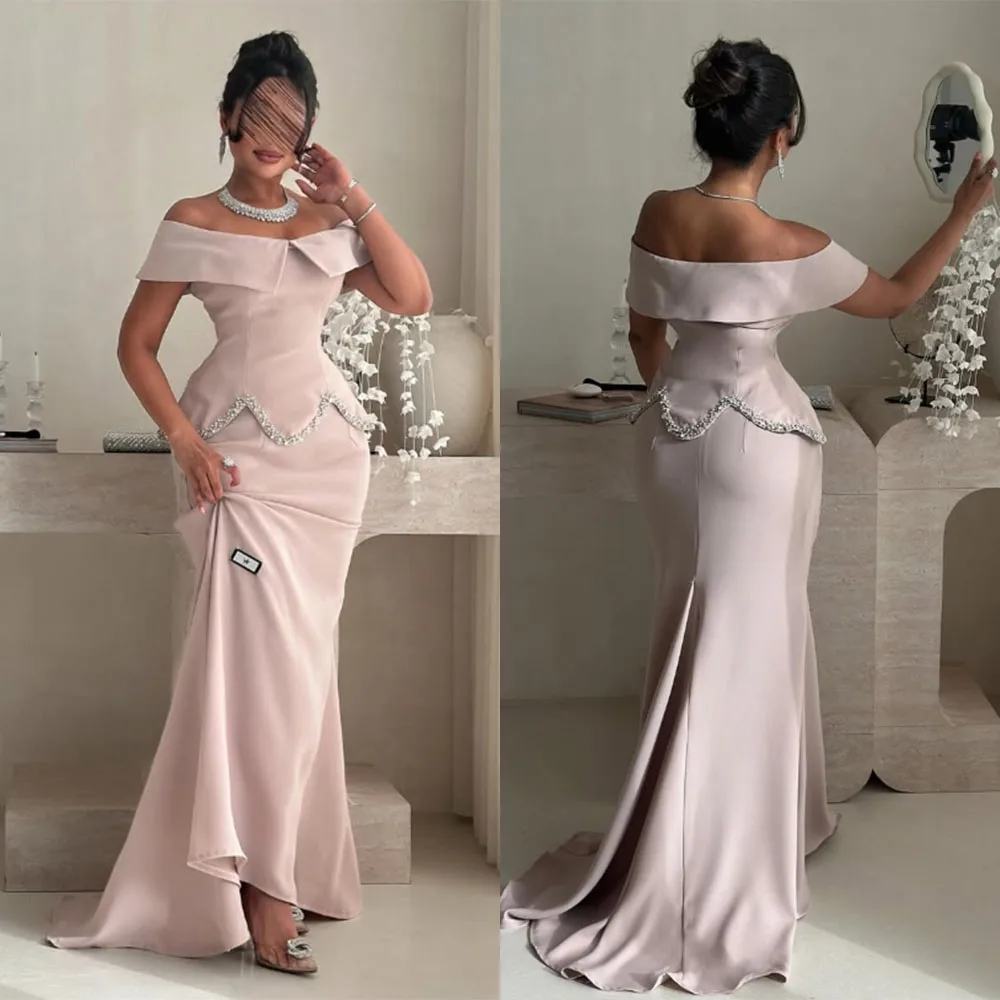 

High Quailty Customized Floor Length Sweep Train Off Shoulder Beaded A-line Sleeveless Pink Women Wrinkle Zipper Strapless