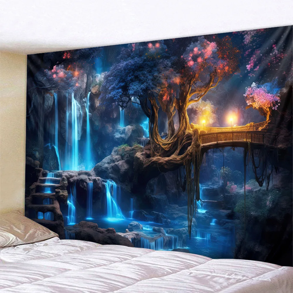 

Colorful dreamy waterfall tapestry wall hanging forest night, starry sky landscape home decoration dormitory living room bedroom