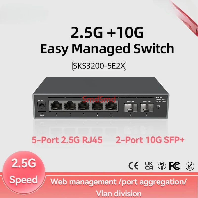 7 ports Easy Managed hub，5 ports 2.5G RJ45，2 ports 10G SFP+, Support Web management/Vlan division/link aggregation