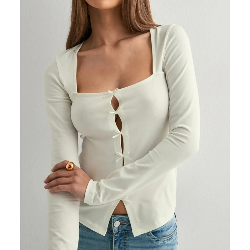 Combhasaki المرأة شيك أنيق كم طويل تي شيرت بلون ساحة الرقبة القوس ديكور انقطاع الجبهة سليم تي شيرت مجسم الشارع الشهير #1