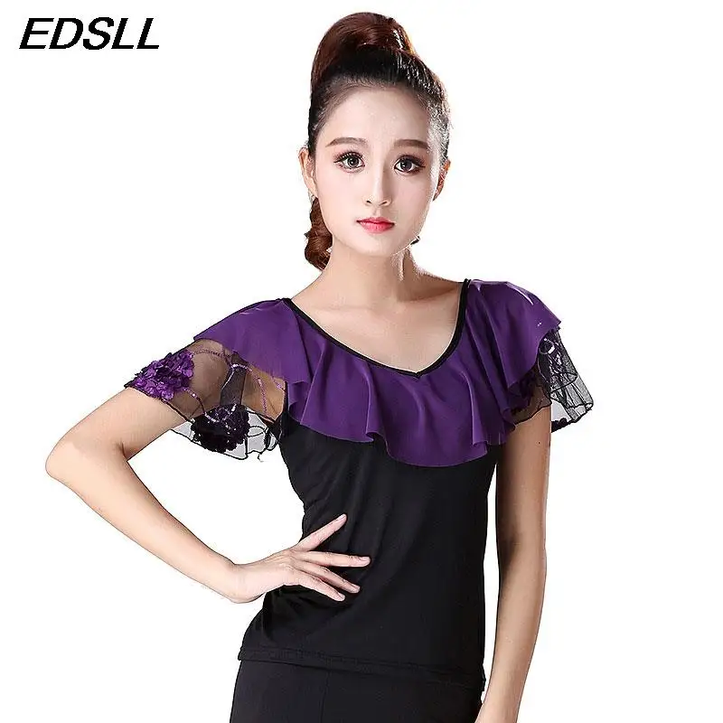 Fashion Stage Performance abbigliamento Lotus Leaf Sleeve Eyelash Lace Top Square Dance Flare Sleeve Top da ballo a maniche corte da donna