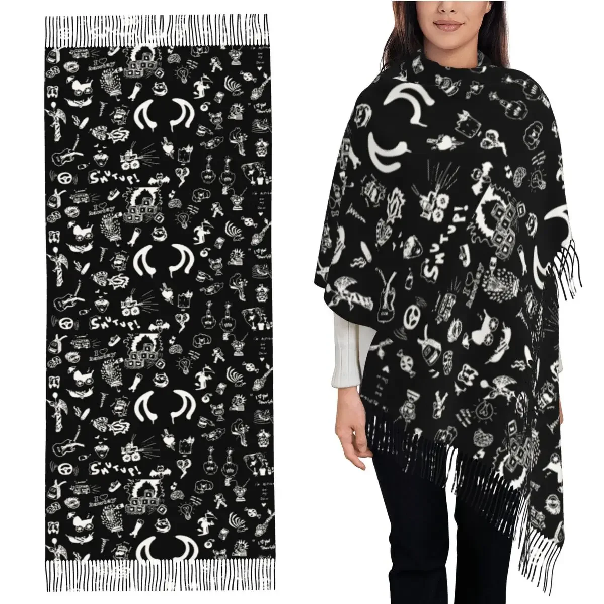 Yungblud رسومات ورقة الوشم وشاح شرابة الأوشحة للنساء شالات دافئة ناعمة ويلتف كبير الخريف الشتاء شال التفاف #1