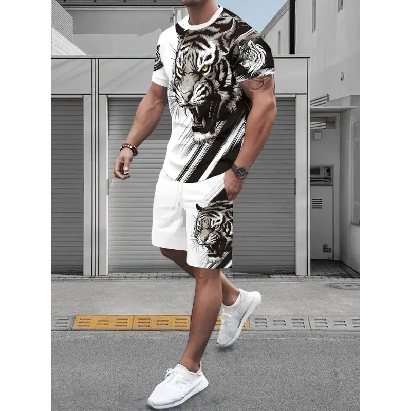 

Casual Lion tiger Graphic 3D Print Short Sleeve Top Shorts Set Oversized Loose Men's Summer T-shirt And Shorts 2-piece Set