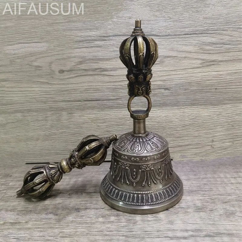 1set 15cm 16cm 17.5cm Copper Nine-pronged Vajra bell ghanta Handbells hand bell Tibetan Buddhism meditation artifact