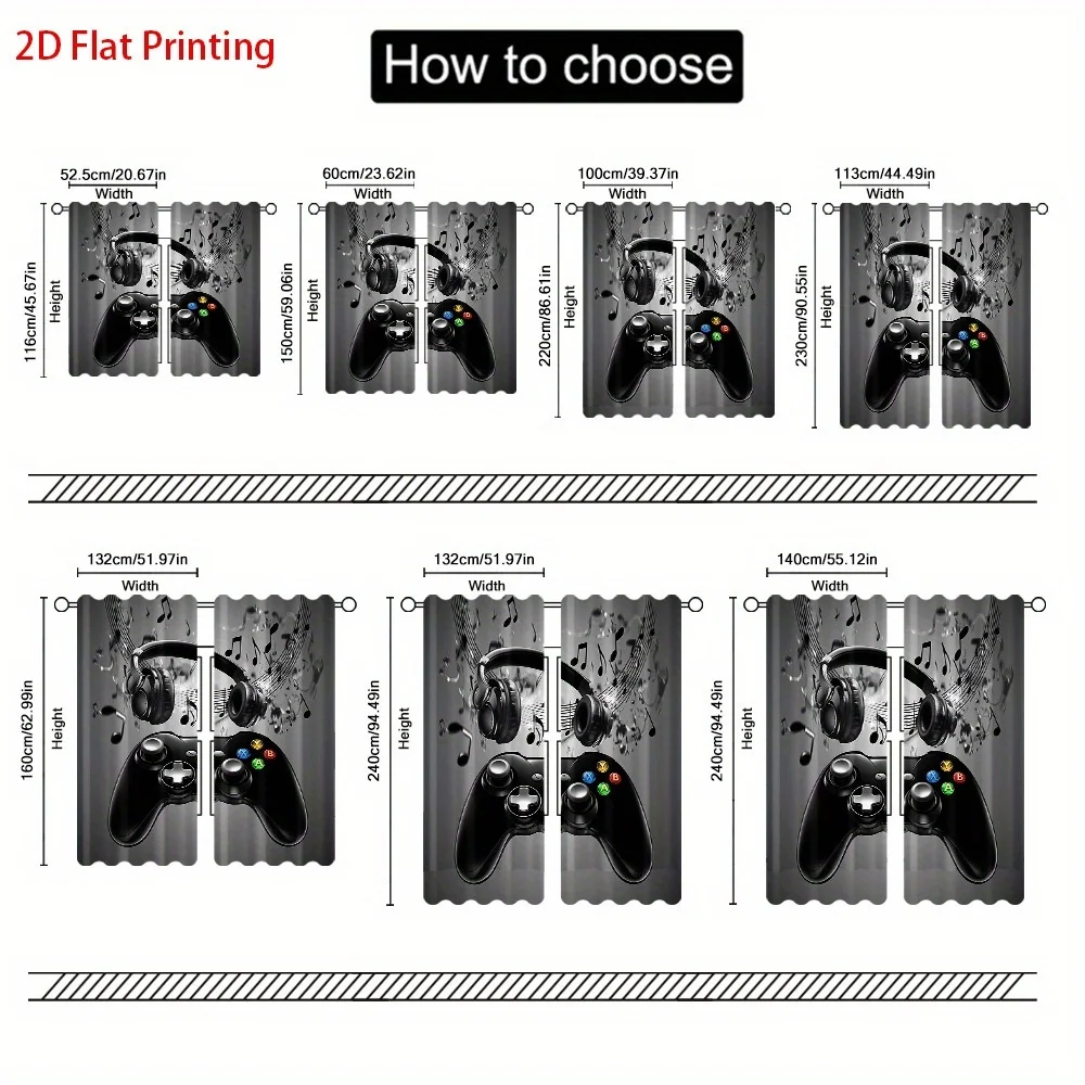 2pcs Game Controller Curtains Headphone Music Note Print Drape Kids Room Gamer Bedroom Window Treatment Tech Style Home Decor