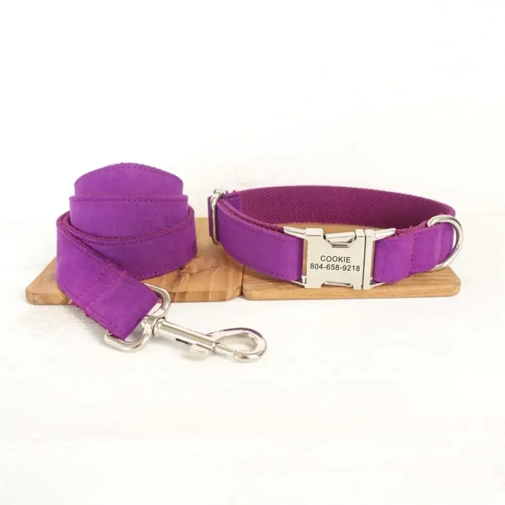 Personalized Dog Collar with Free Engraving, Matching Pet Leash,Customzied Contacts Metal Buckle,Purple Suede Fabric Pet Collar