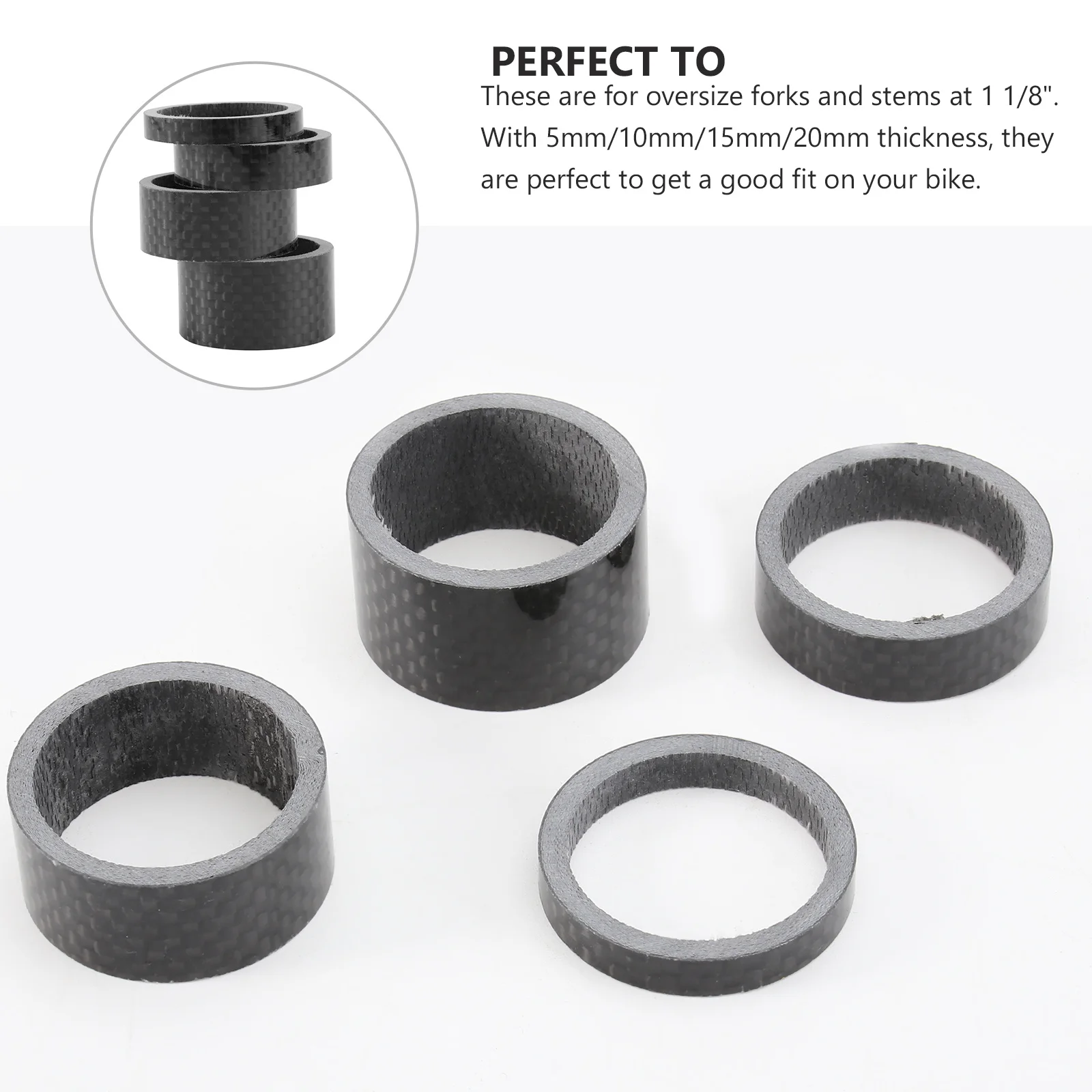 

4pcs Carbon Fiber Headset Spacers 28.6Mm 1 1/8 Inch Bike Stem Washers 5Mm 10Mm 15Mm 20Mm Thickness Black For Cycling