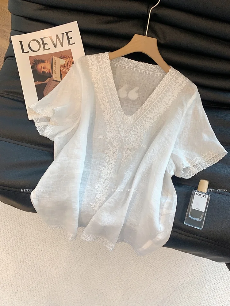 Ele V-Ne Haftowany Koronkowy Wykończenie z Frędzlami, Mieszanka Lnu i Bawełny, Top Wyszczuplający dla Kobiet, Nowość na Lato, Uniwersalny...