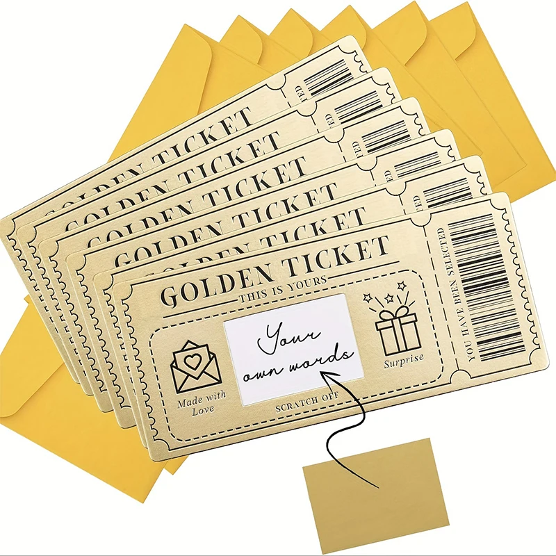 6Pieces Golden Ticket Scratch-off Cards With Envelopes, Scratch & Reveal Surprise Ticket For Writing Your Own Special