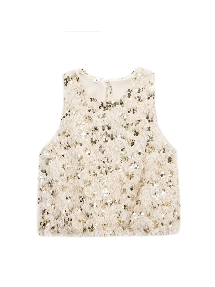 TRAFZA Chic Winter Hollow Out Sequined O Neck Women Party Sleeveless Tops Fashion 2025 Casual Women Flurry Mini Sxey Club Vest