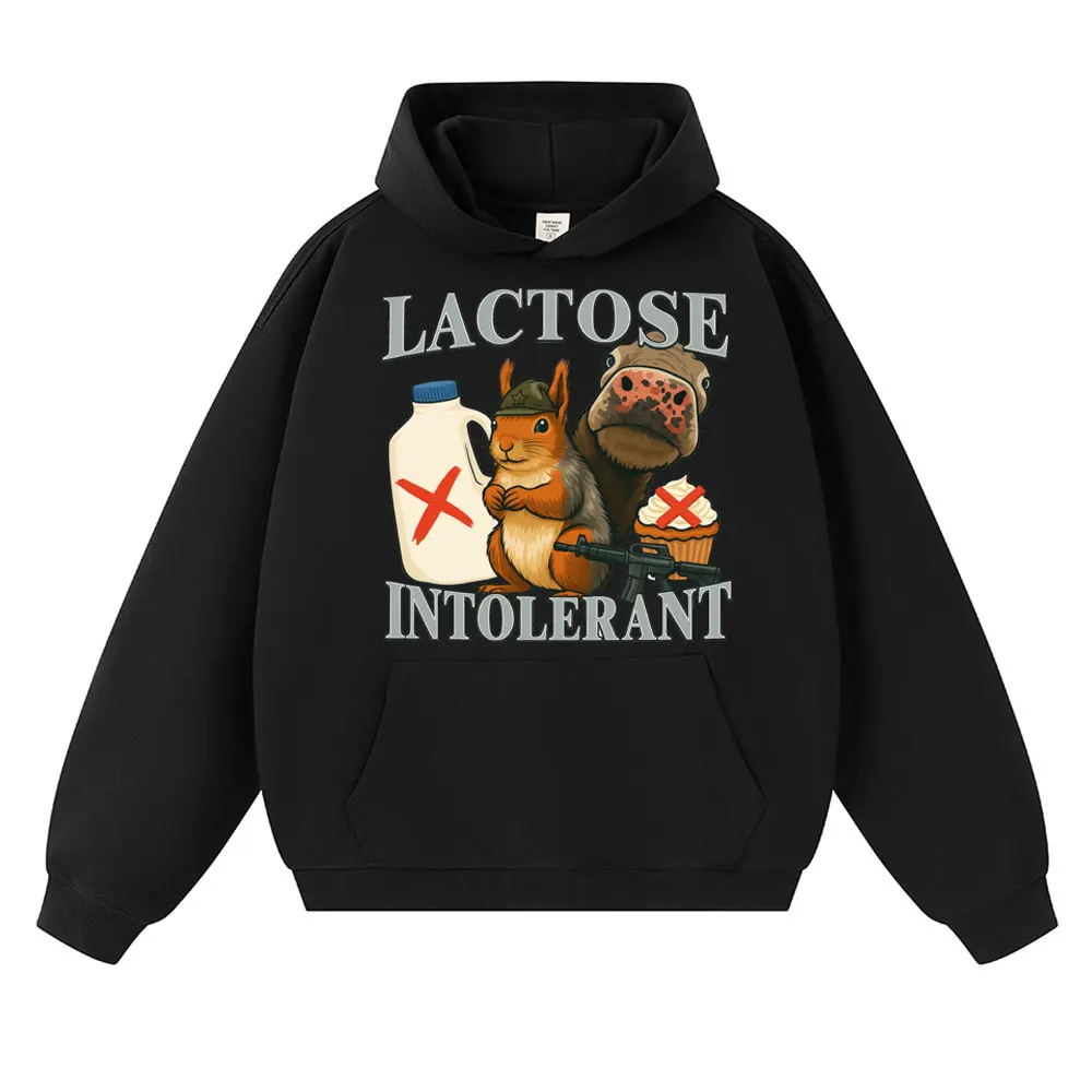

Lactose Intolerant Забавная Белка Мем Толстовка с рисунком для мужчин и женщин Модный винтажный пуловер Повседневная флисовая толстовка большого размера в подарок
