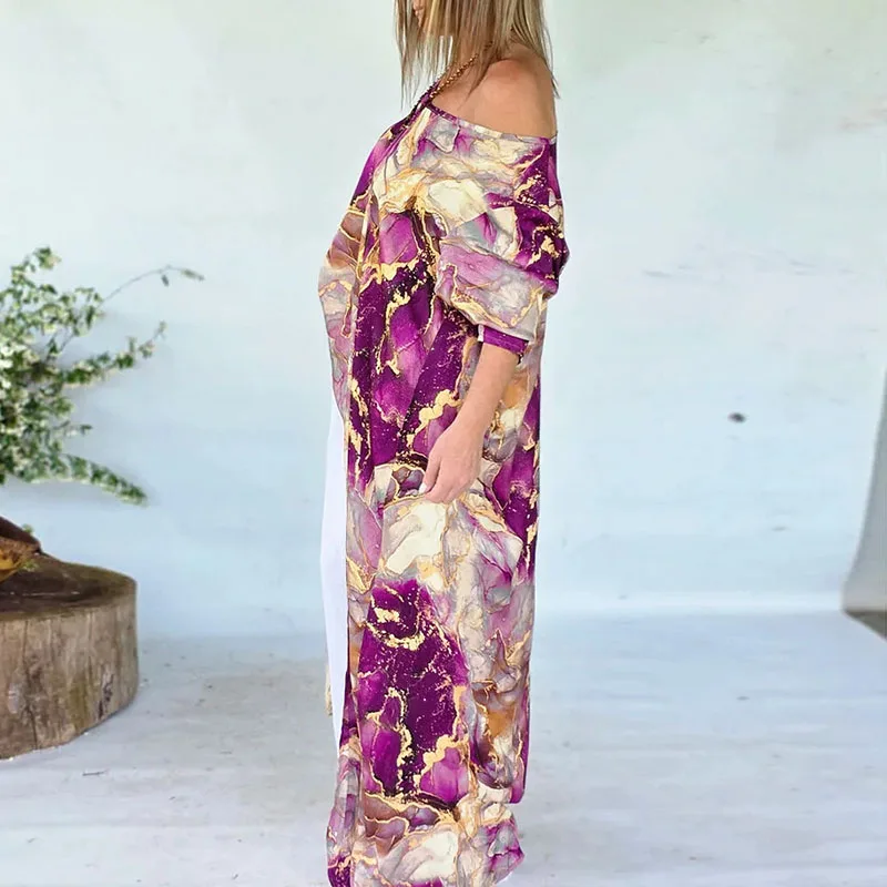Vestido largo Irregular calado de un solo hombro para Mujer, vestido de noche holgado con estampado de textura de primavera, vestido bohemio de manga larga para Mujer