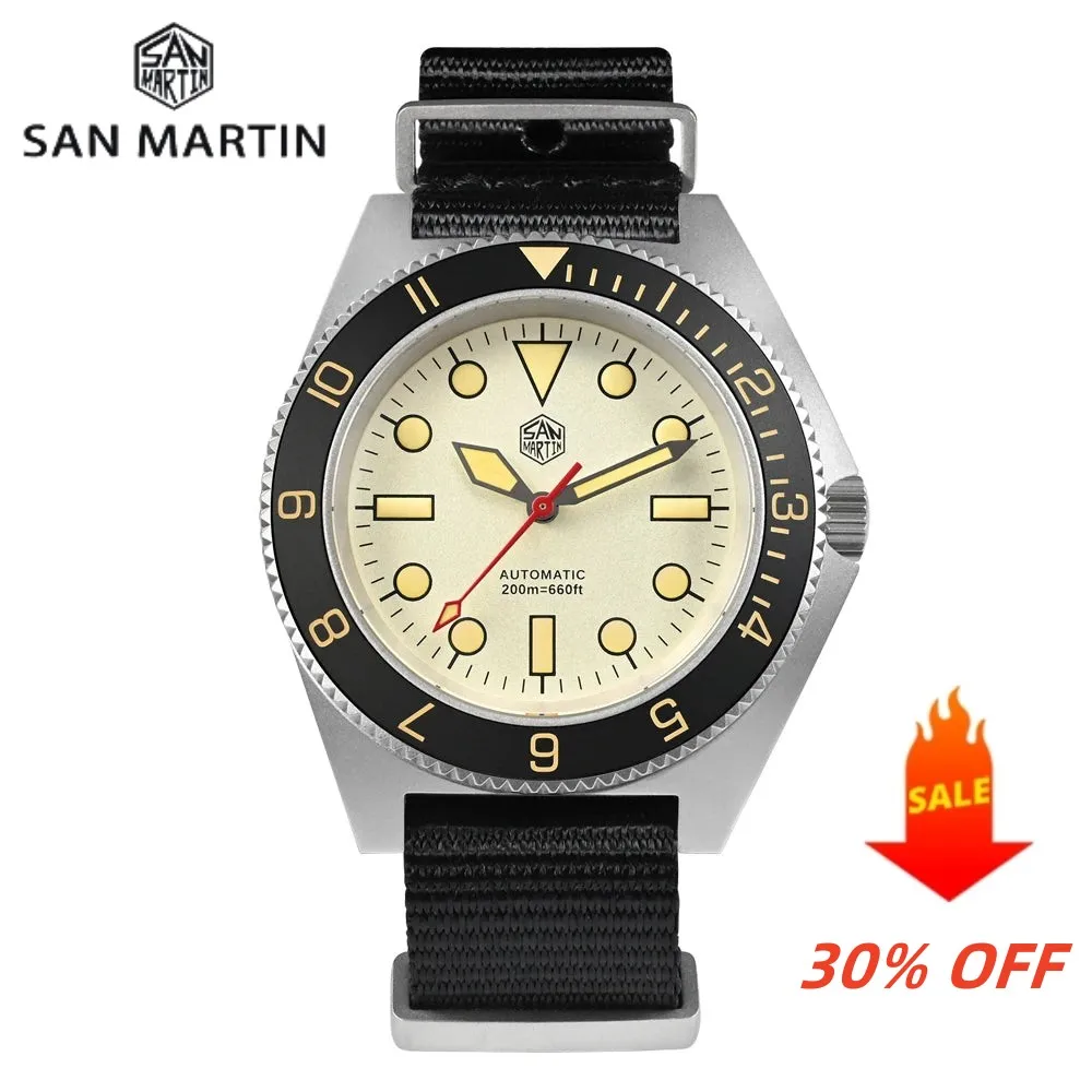 

San Martin Men 40mm Vintage Dive Watch Bead Blasted Case NH35 Automatic Mechanical Sapphire Waterproof 200m Luminous SN0123