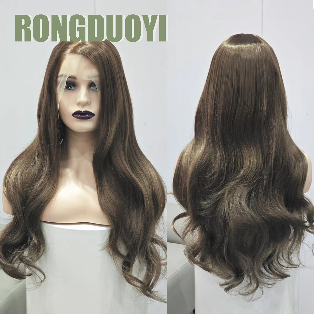 RONGDUOYI Коричневый Длинный Волнистый Синтетический Парик Шнурка Ирифейно-Коричневый Объемный Волнистый Парик Фронта Шнурка Бесклеевые Термостойкие Женские Ежедневные Парики