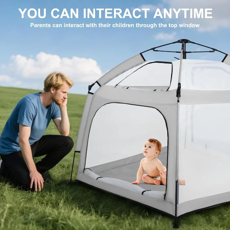 روضة أطفال محمولة مع مظلة لعب للأطفال الرضع وخيمة شاطئ ناموسية للاستخدام الداخلي والخارجي باللون الرمادي #3
