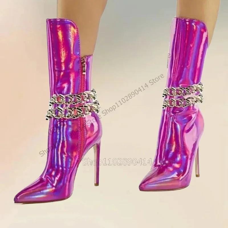 

Chain Decor Rose Red Patent Leather Pointed Toe Boots Side Zipper Women Shoes Thin High Heels New Party 2024 Zapatos Para Mujere