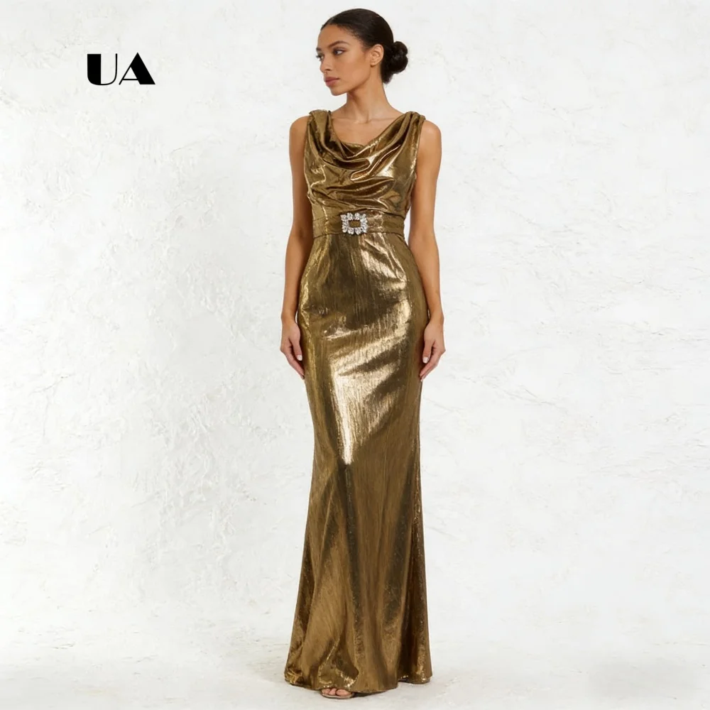 Vestido de baile trompete elegante, vestidos de noite de camisa metálica sem mangas para mulheres, vestido de festa personalizado com gola oscilante e cinto