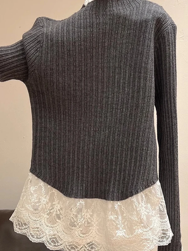 Damen-Strickoberteil mit Spitzenspleiß, hoher Kragen, schmale Passform, weiche, gemütliche Basisschicht, irt Inner Wear, French Sle Long Sve