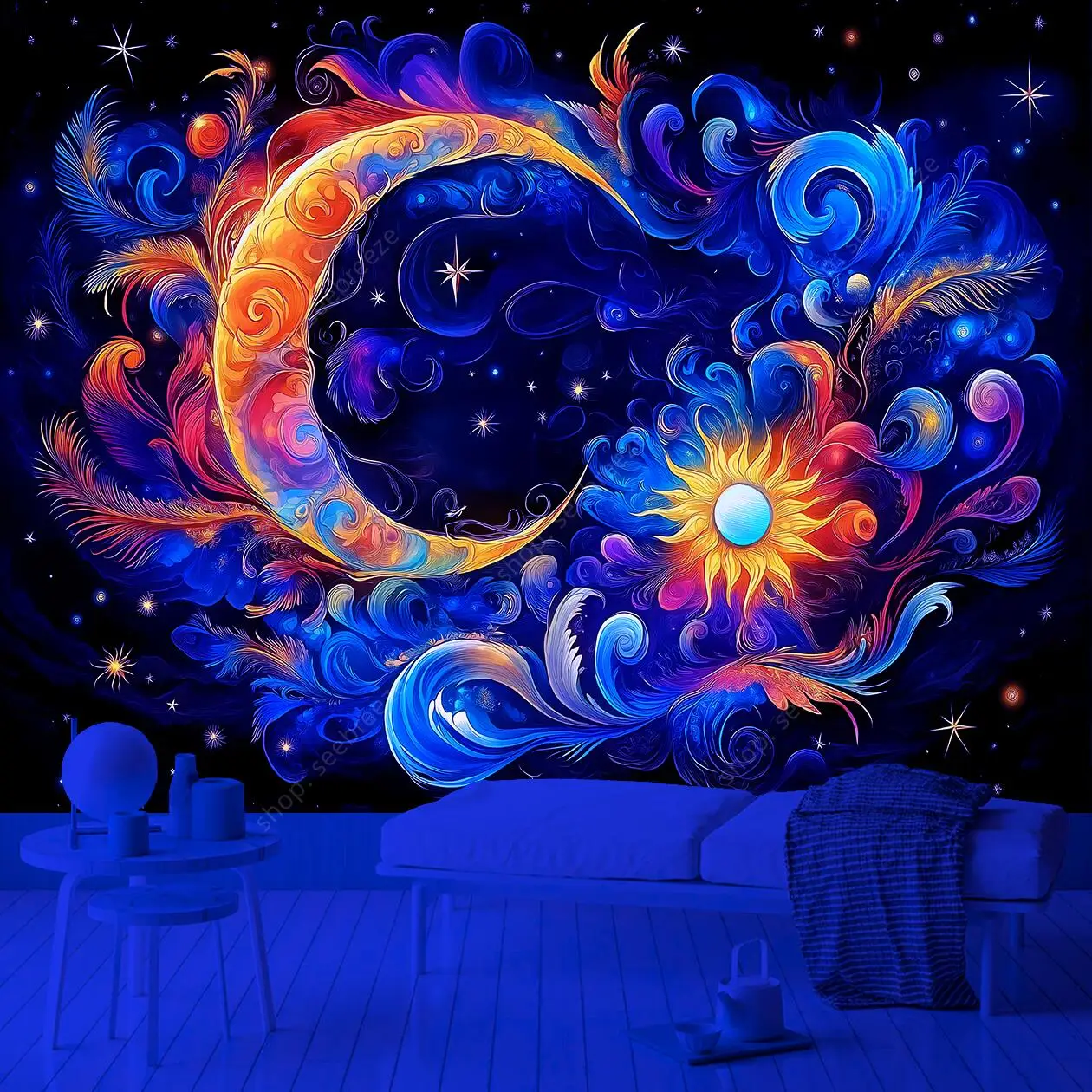 Moon Mandala Goddess UV Reactive Tapestry Bohemian Wall Art for Bedroom Living Room Decor Spiritual Feminine Energy Design