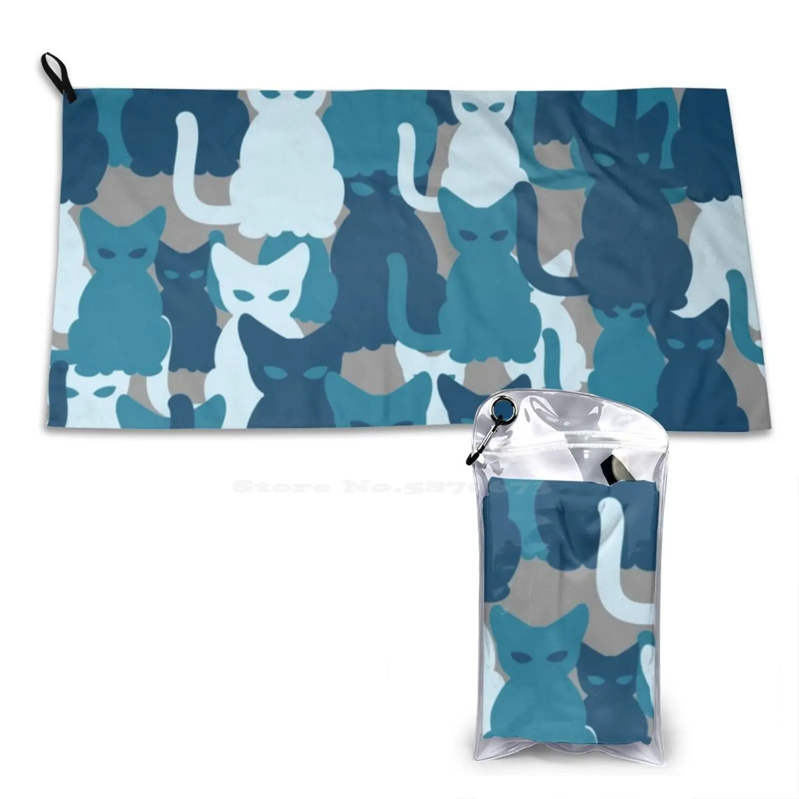 Teal Blue Cat Camo Design On Grey Background. Soft Microfiber Fabric Face Towel Teal Blue Design Camouflage And Grey Cats