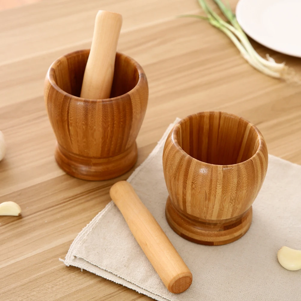 

Garlic Masher Press Grinder Bowl Wood Pestle Kitchen Storage Mini
