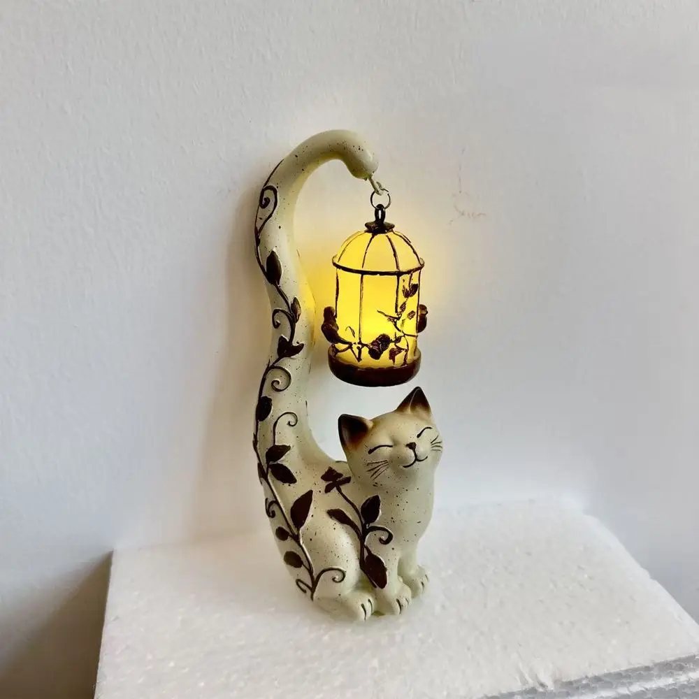 Rustic Style Cat Lantern Sculpture Lamp Resin Crafts Animal Shape Cat Birdcage Night Light Hand Painted Soft Glow