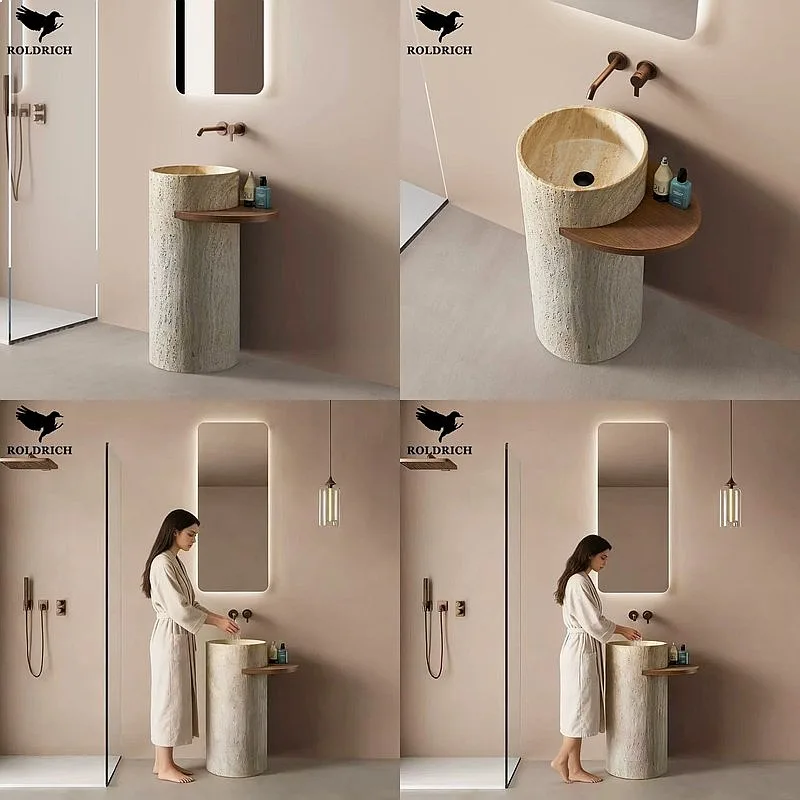 Vintage Artificial Travertine Beige Floor Standing Washbasin Hotel Sink Vanity Basin Pedestal