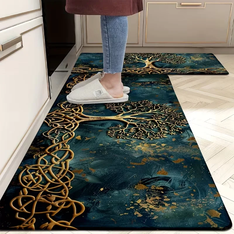 For Playroom, Classroom, Bathroom, Dining Table - Tree of Life Non-Slip Kitchen Mats - Machine Washable Polyester Rugs