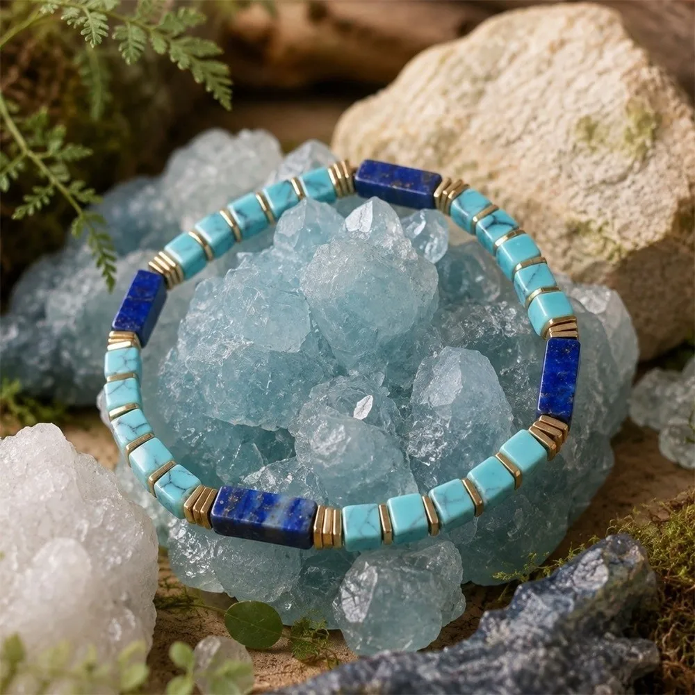 Natural Veined Simple Crystal Stone Bracelet Square Cut Polished Block Shape Stretch Beaded Bracelet Adjustable Rope Stackable