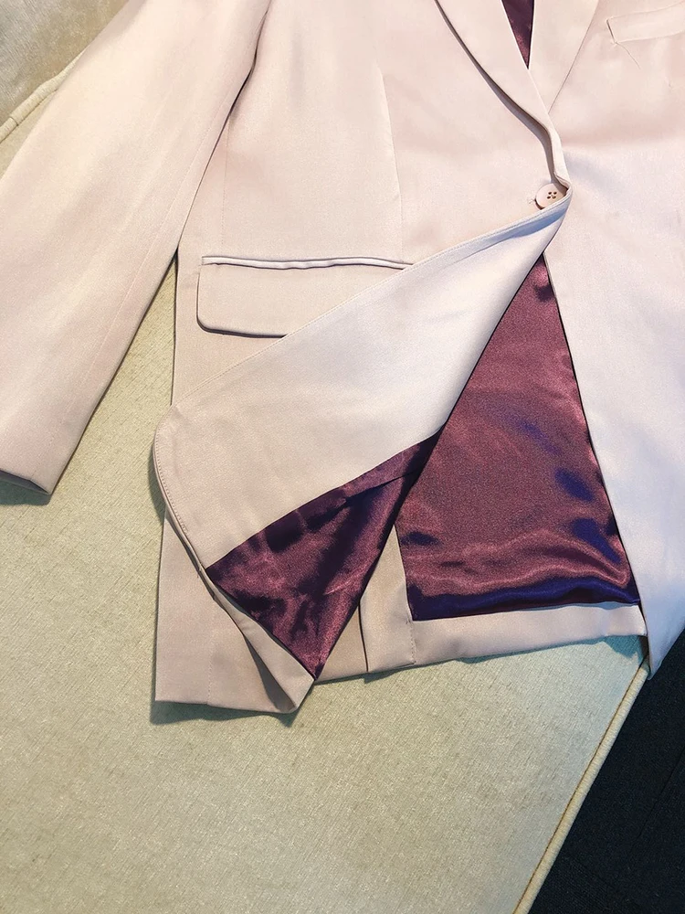 

Розовый ацетатный атлас Briti Sle, свободный костюм Jaet Faionable Ele, оригинальный дизайн, длинное женское деловое пальто