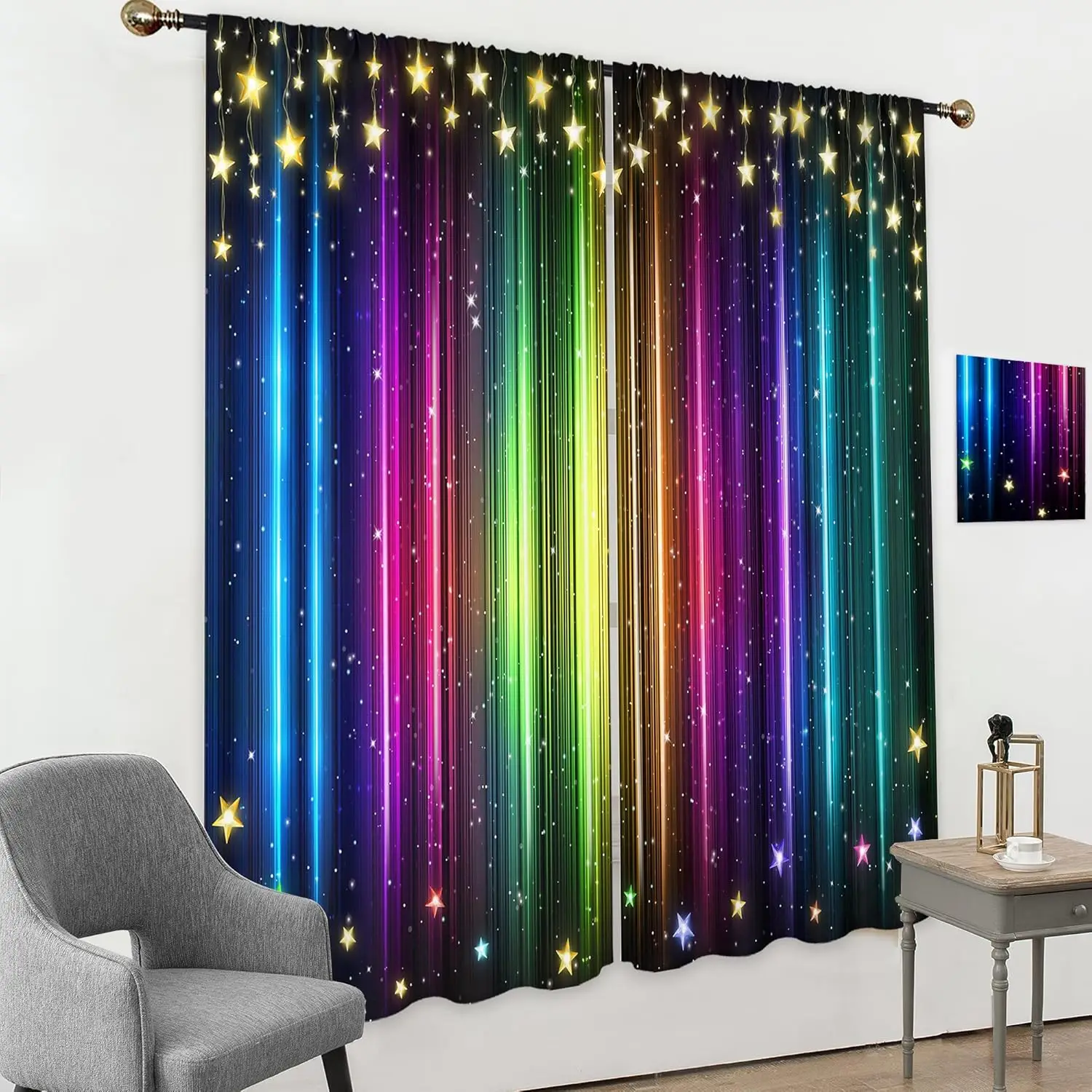 Rainbow Star Curtains Colorful Light Beam Print for Kids Room Window Party Decor