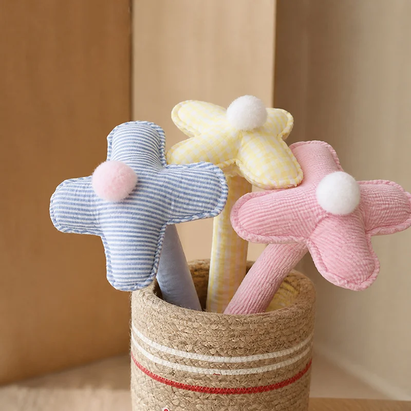 Sweet Checkered Cloth Flower Plush Stick Handmade Fabric Flower Bouquet Decor Adorable Photo Prop Soft Ornament Holiday Present