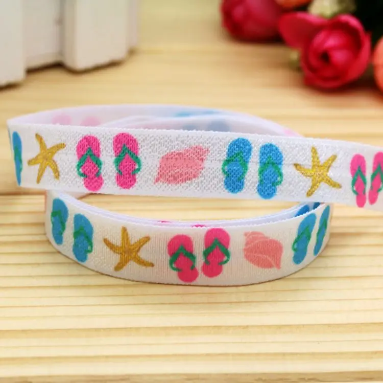 DHK 5/8\'\' 5yards Navy Anchor Fish Scale Whale Sea Animals Summer Printed Fold Elastic FOE Stretch Ribbon Headband DIY C1718