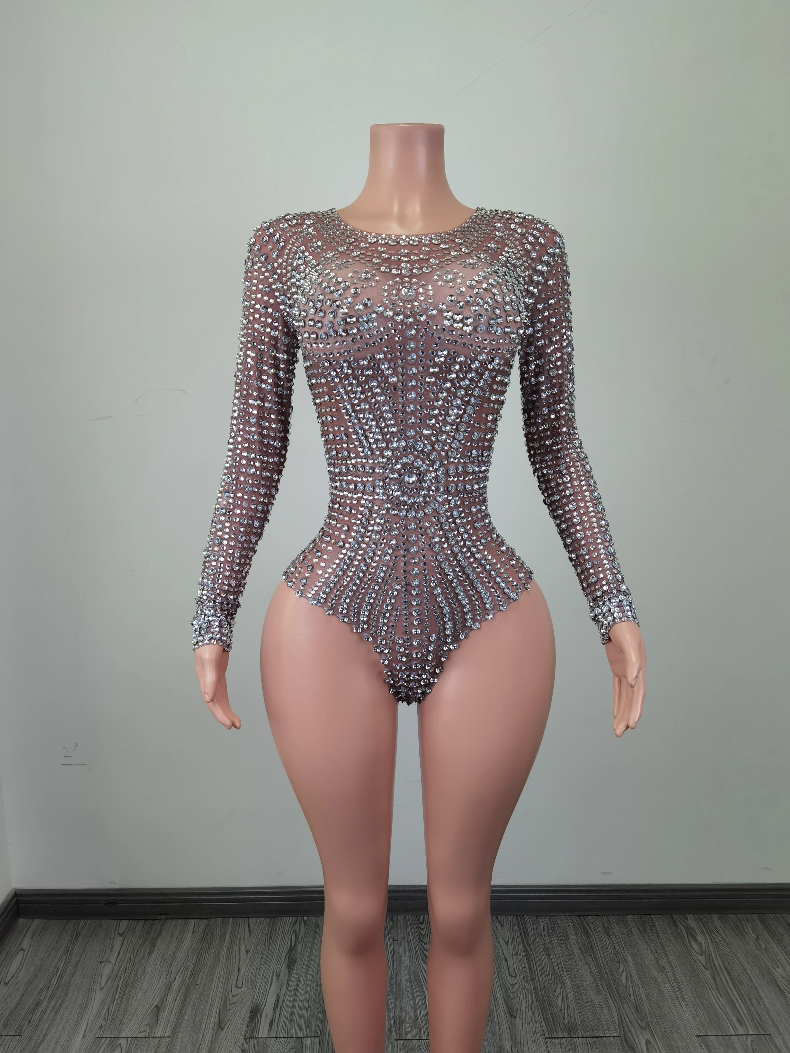 

Fashion See Through Birthday Party Evening Costume Prom Women Dancer Long Sleeves Outfit Silver Rhinestones Transparent Bodysuit