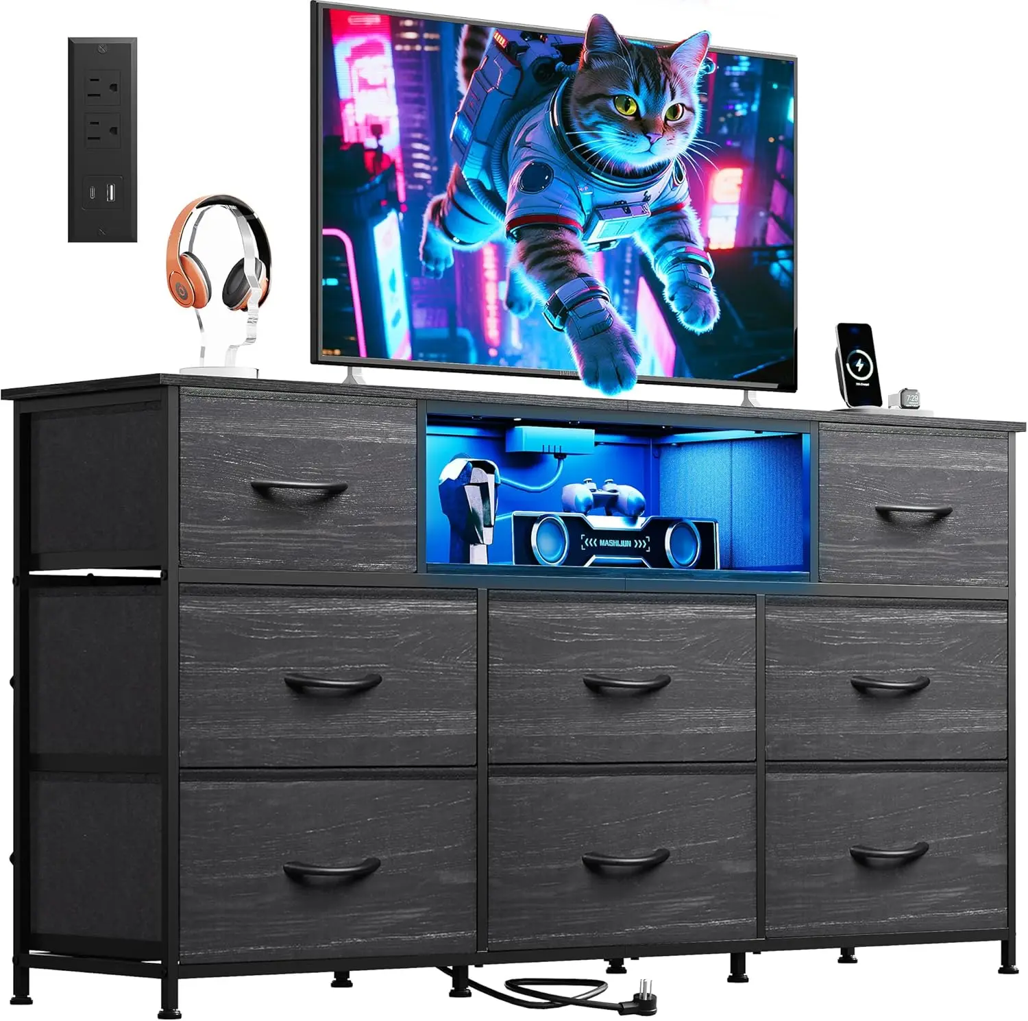 

Black Dresser TV Stand for 50, 55, 65 inch TV, Entertainment Center with LED Lights & Charging Station, Chest of Drawers with